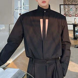 Threebooy Mens Sexy Hollow Stand-Up Collar Casual Long-Sleeve Shirt Autumn Genderless Korean Fashion Youth Trend Loose Oversize Top Unisex