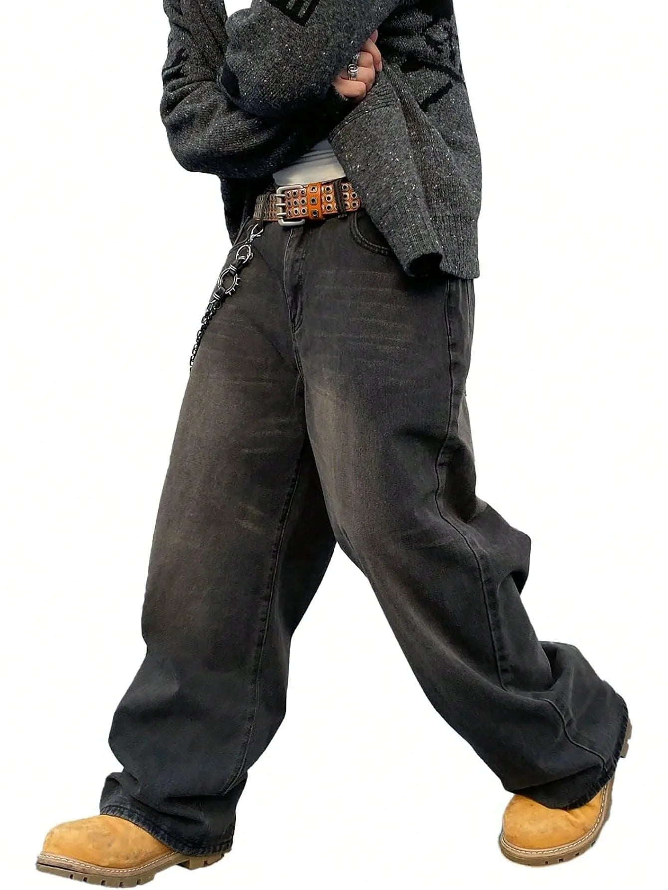 Threebooy  1Pc Men's Wide Pants Brushed Jeans Wide Jeans Y2K New Rocks Jeans Buggy Black Hip-Hop Pants