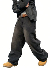 Threebooy  1Pc Men's Wide Pants Brushed Jeans Wide Jeans Y2K New Rocks Jeans Buggy Black Hip-Hop Pants