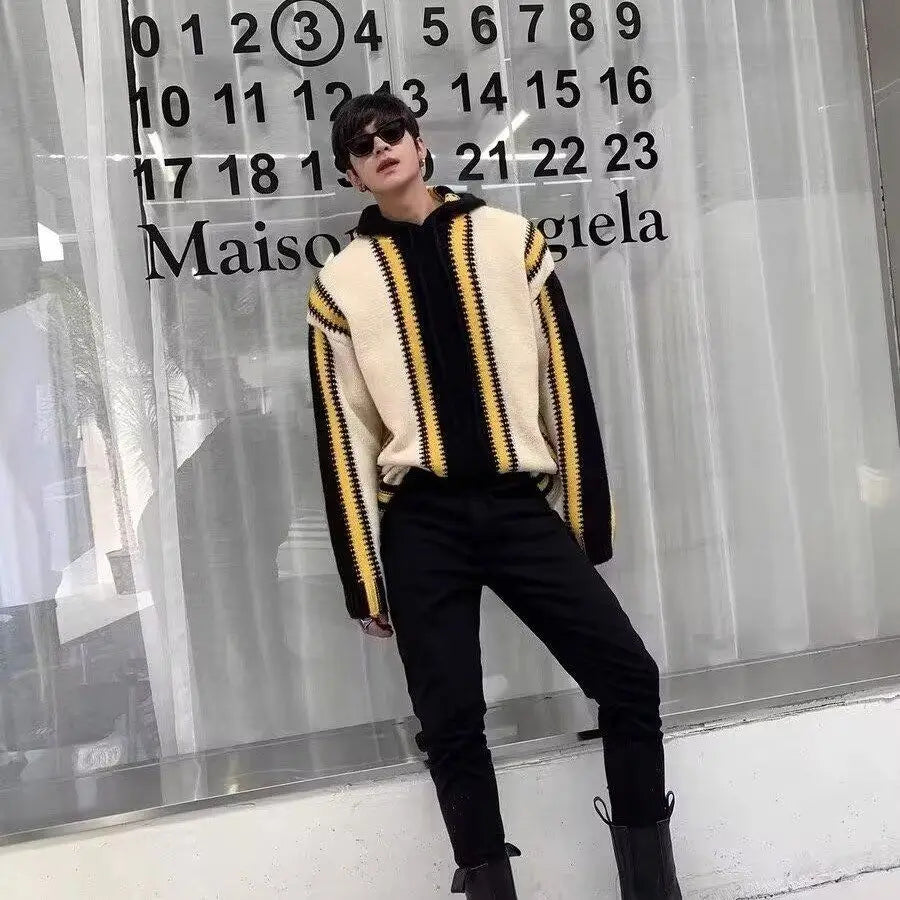 Threebooy Korean street style men and women trendy color blocked striped hooded sweater for couples autumn and winter loose retro casual