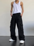 Threebooy High street retro casual large pocket overalls men's new summer high waist loose straight tube draped wide leg pants