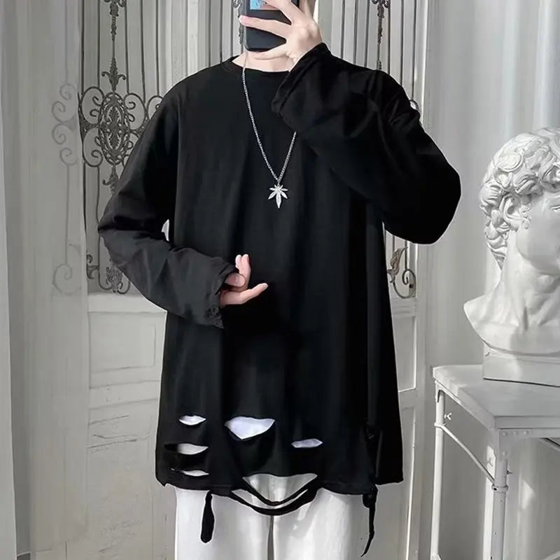 Threebooy Spring Autumn Women's Black White Holes Long Sleeved T-shirt New In Fashion Bottoming Shirt Tops Tees
