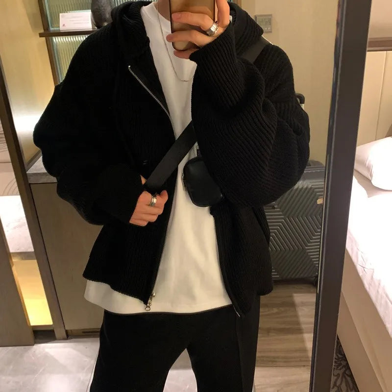 Threebooy Winter Clothing Men's Light Luxury Knit Hooded Cardigan Sweater Korean Vintage Popular Zipper Long Sleeve Loose Hoodie Knitwear