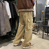 Threebooy Japanese Men's Chessboard Checker Jeans Fashion Street Hip Hop Loose Straight Wide Leg Pants Couple Outerwear Pants Red Black