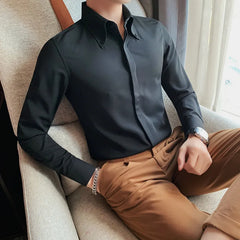 Threebooy Top Quality Men Spring High Quality Business Office Dress Long-Sleeved Shirts/Male Slim Fit Solid Color Lapel Shirt S-3XL