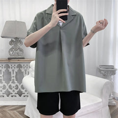 Threebooy Mens Short Sleeve Shirt Pullover Small Suit Collar Loose Fit Solid Color Summer Casual Office Wear Daily Breathable Comfort