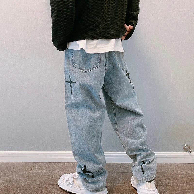 Threebooy  Prints Jeans Men New Streetwear Baggy Wide Leg Jeans Korean Fashion Drapes Straight Casual Loose Denim Cargo Pants