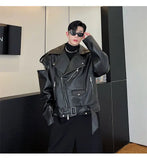 Threebooy Autumn Winter Wide Shoulder Zipper Leather Jacket Luxury Men Streetwear Loose Vintage Punk Motorcycle Jacket Korean Fashion Coat