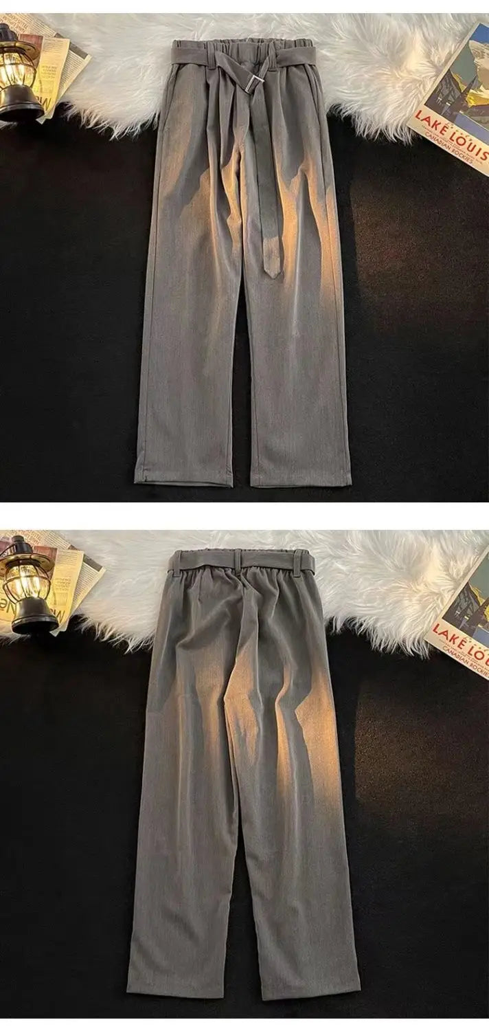 Threebooy  Solid Color Straight Wide-leg Non-iron Trousers for Men's Retro Loose Droop Korean Style Suit Trousers