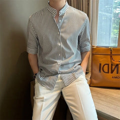 Threebooy  New Fashion Striped Stand Collar Men Shirts Luxury Casual Textured Half Sleeve Cardigan Tops Summer Business Slim-fit Blouse