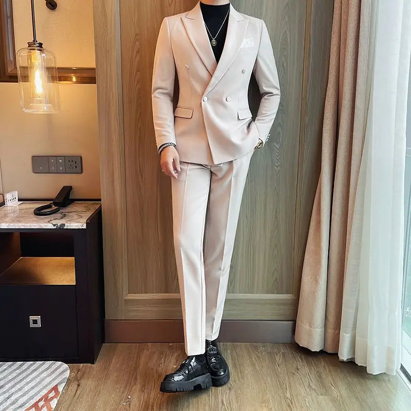 Threebooy  Double-Breasted Peak Lapel Suit Set For Men New Business Formal Wedding Dress Casual Blazer