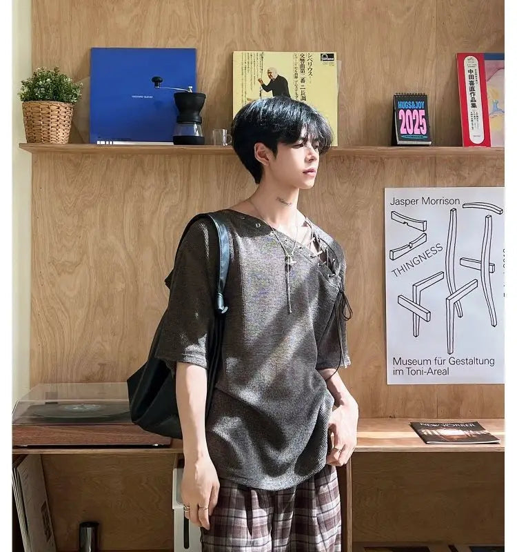 Threebooy Street Punk Shirt Off-shoulder Hollow T-shirt American 2025 New High-end Style Fashionable Casual Loose Short Sleeves