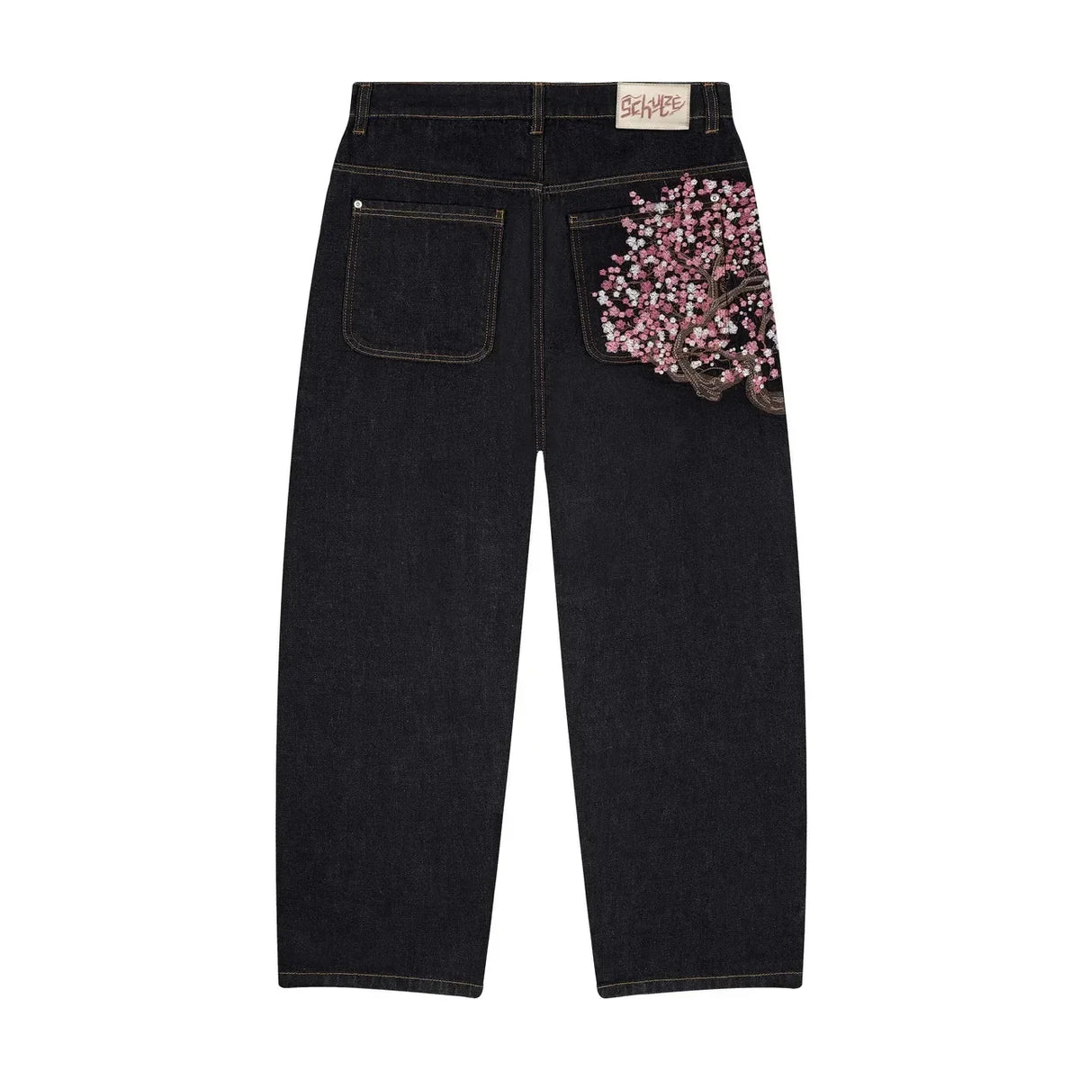 Threebooy  Y2K Baggy jeans Cherry Blossom Selvedge Embroidery Denim Pants men women denim fabric American Hiphop Streetwear Wide Leg Jeans