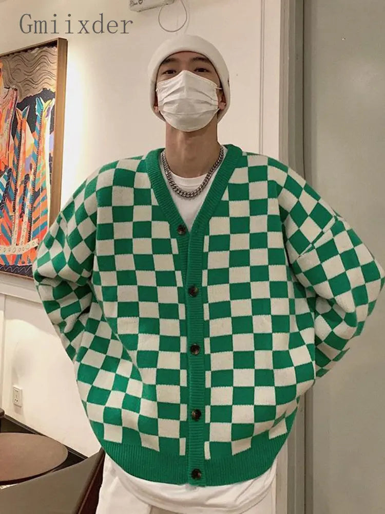 Threebooy Autumn Vintage Checkerboard Cardigan Long-sleeved Button Sweater Men's Preppy Casual Knitwear Jacket Unisex Streetwear