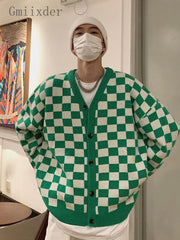 Threebooy Autumn Vintage Checkerboard Cardigan Long-sleeved Button Sweater Men's Preppy Casual Knitwear Jacket Unisex Streetwear