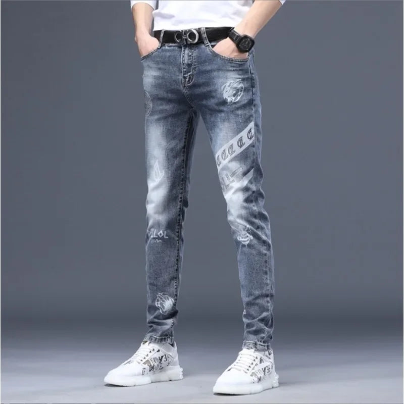 Threebooy Jeans Men Print Pants Loose Fit Blue Baggy Jeans Korea Fashion Wide Leg Pants Denim Trousers Men's Clothing Harem Pants