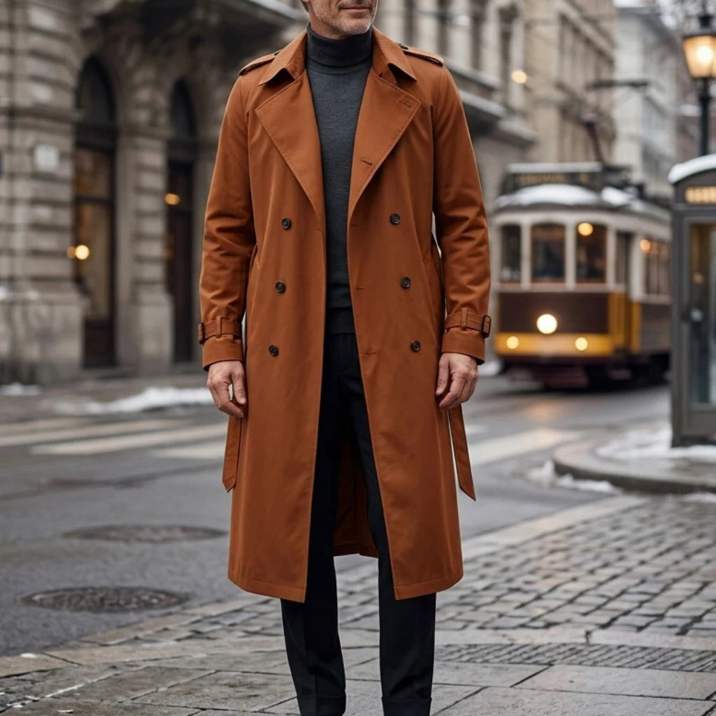 Threebooy  Men's Super Long Windbreaker Autumn New Street Men's Windbreaker Thin Loose Men's Jacket Belt Long Double Breasted Windbreaker