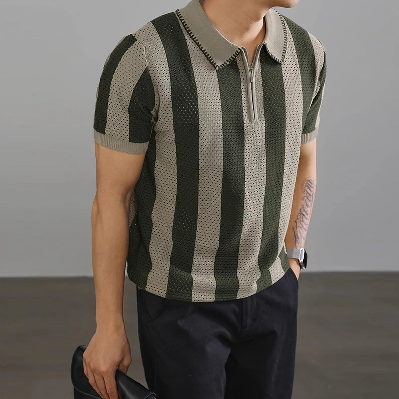 Threebooy New Chic Striped Polo Shirt Light Luxury Hollow Out Knitted T-shirts Korean Style Zipper Short Sleeve Tops Breathable Knitwear