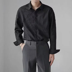 Threebooy  Solid Color Button Long-sleeved Cardigan French Shirt Men's Clothing Loose Casual Texture Jacquard Shirt Korean Style Top