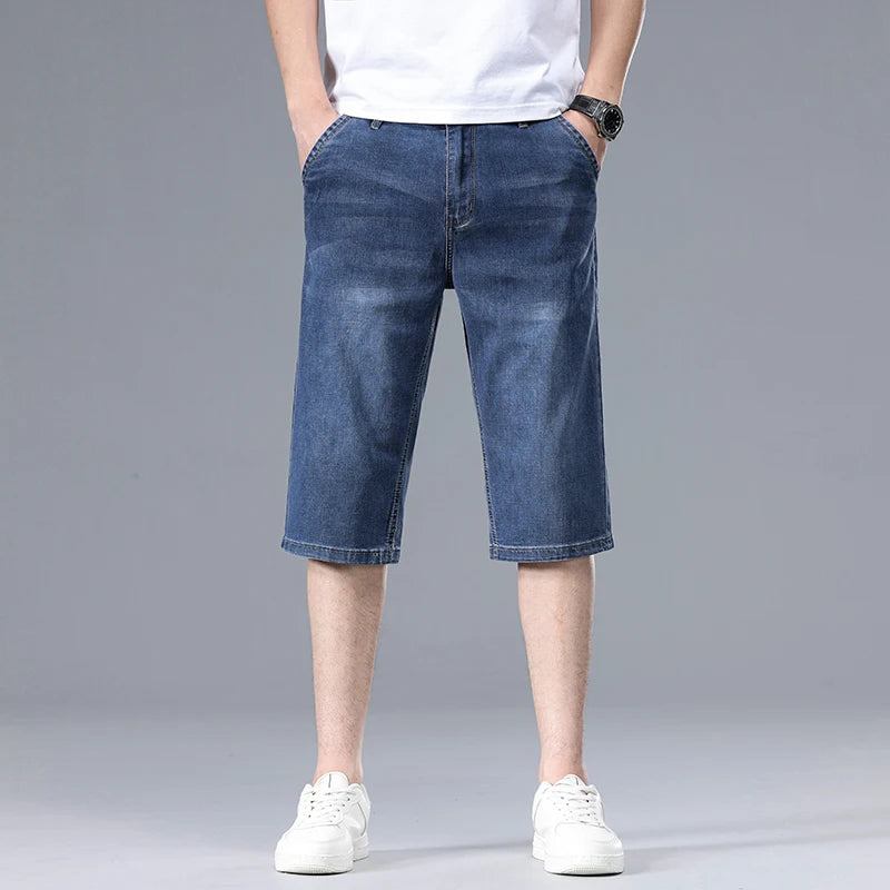 Threebooy  New Summer Men's Thin Straight Denim Shorts Soft and Comfortable Ice Silk Feel Loose Pants Large size Light Blue Dark Blue