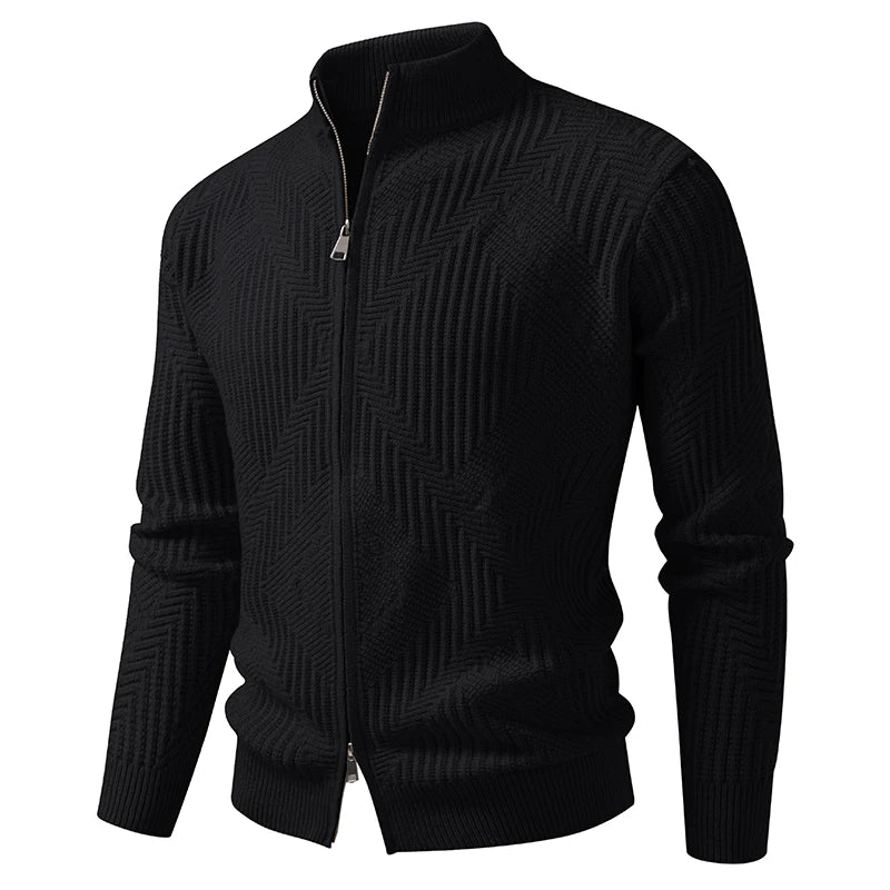 Threebooy Autumn Winter Stand Collar Knitted Sweatercoat Men Fashion Solid Color Geometric Knit Cardigan Mens Casual Sweater Jacket Coat