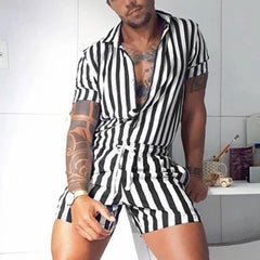 Threebooy Fashion Men Striped Rompers Short Sleeve Button Shorts Lapel Jumpsuit Drawstring Streetwear 2024 Casual Playsuit Hombre