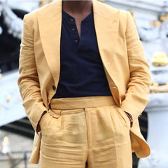 Threebooy  Summer Yellow Linen Men Suits 2 Piece Fashion Peaked Lapel Single Breasted Outfits Chic Daily Casual Wedding Party Tuxedo