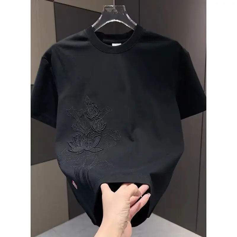 Threebooy  Summer New Embroidery Chinese Style Short Sleeve Men's Loose Slim Fit Casual Short Sleeve T-shirt Round Neck Top