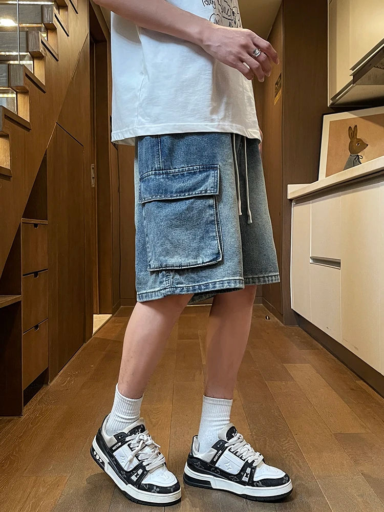 Threebooy  Summer Men's Cargo Denim Shorts Baggy Straight Fashion Casual Wide Leg Short Pants Big Pocket Beach Vacation Short Jeans Male
