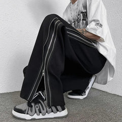 Threebooy  Summer Fashion High Street Side Zip-Up Pants Men's Casual Straight-Leg Draped Loose Fit Hip Hop Slang Style Trendy Brand