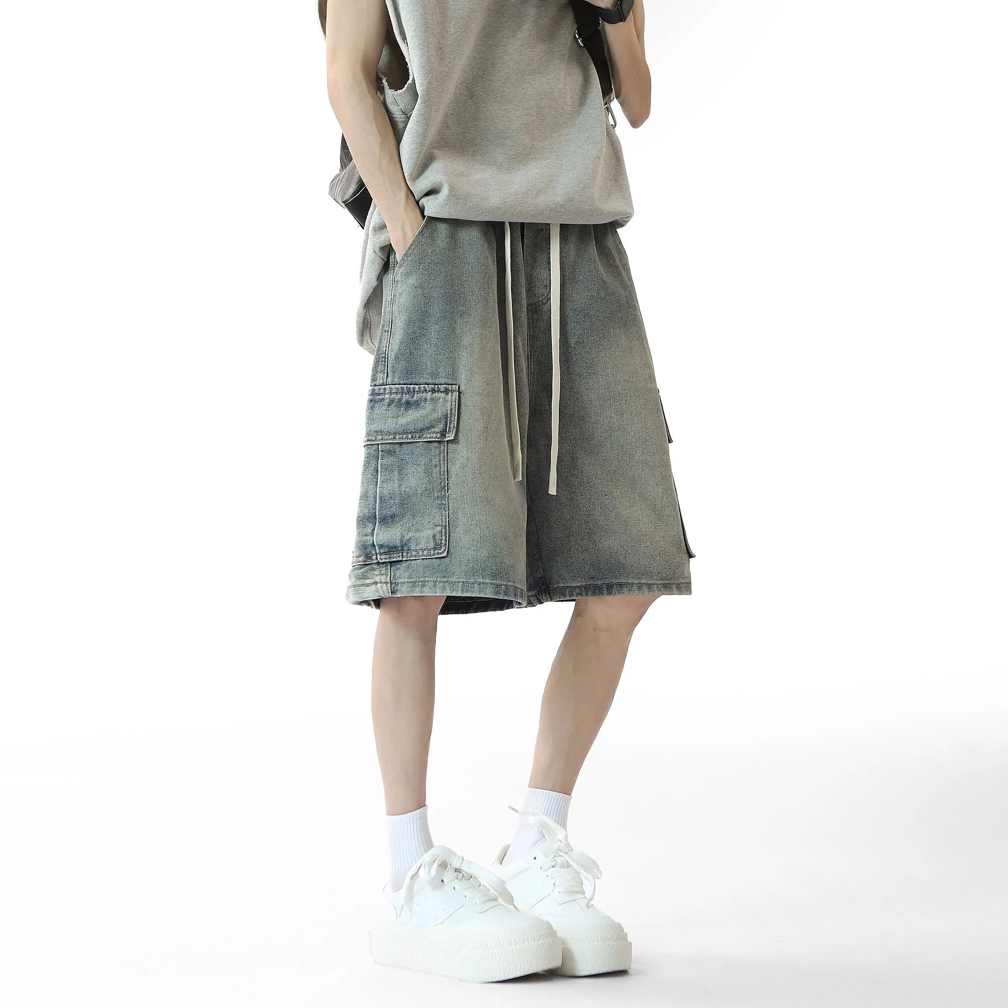 Threebooy Mens Denim Shorts Washed Cargo Drawstring waist Jorts Multi Pocket Workwear Casual Side Large Pockets Stretchy Waistband Outdoor