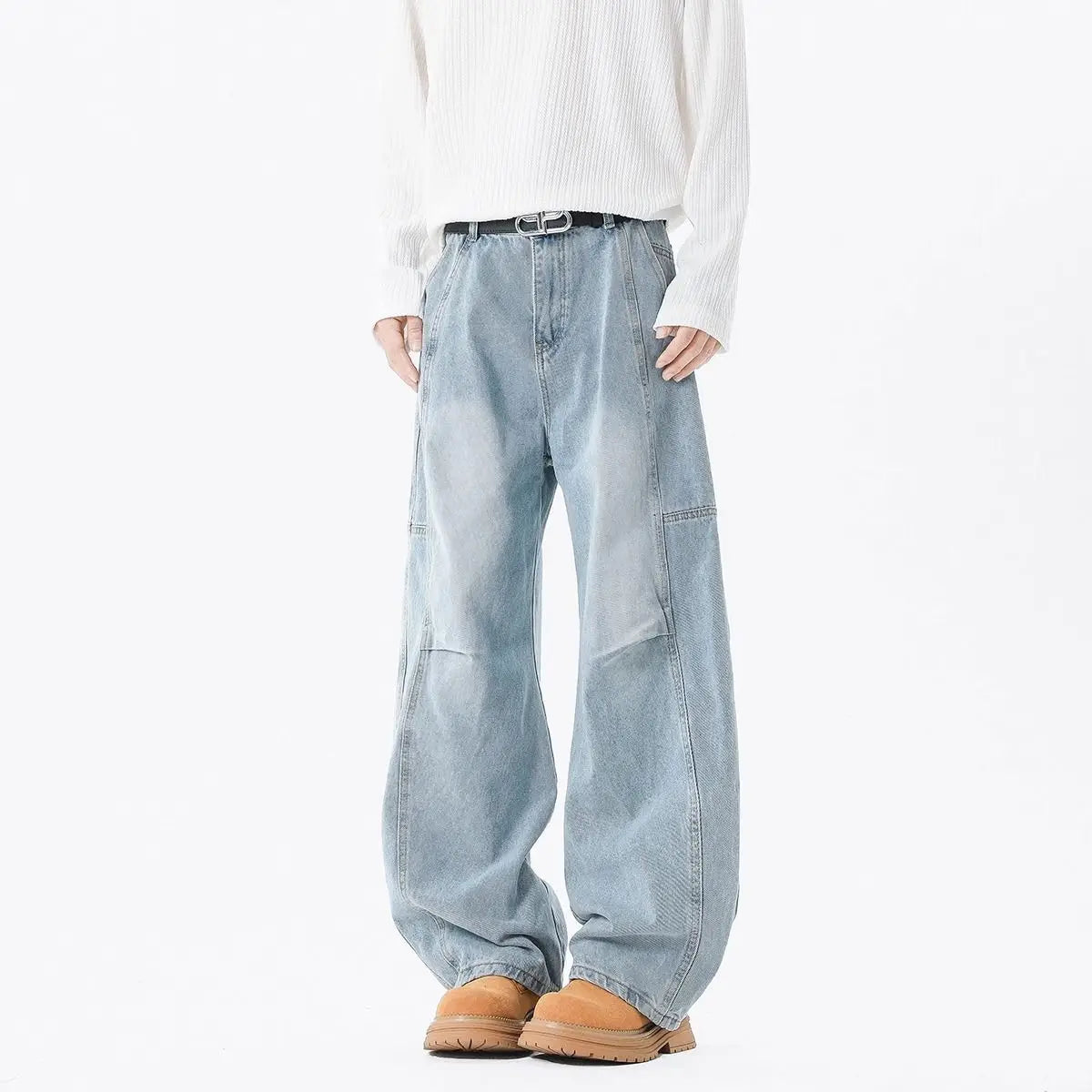 Threebooy Hip hop personality trend men and women straight leg washed jeans American couple loose retro curved knife casual pants y2k