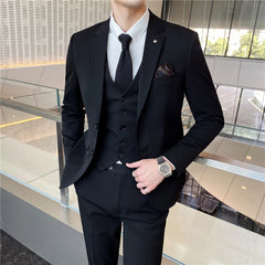 Threebooy  Men's Korean Slim Fit 3-Piece Suit Double Breasted 5XL Business Formal Wedding Groom Best Man Career Office Outfit