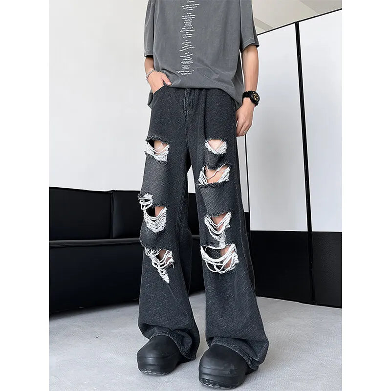 Threebooy Men's Ripped Hole Jacquard Jeans  Summer Thin Handsome Casual Pants Unisex High Street Straight Wide Leg Jeans Blue/Black