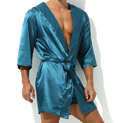 Threebooy  Hot Selling Men Summer Bathrobe Male Silk Short Sleeve Bath Robe Sexy Mens Dressing Gown Bathrobes(No shorts)