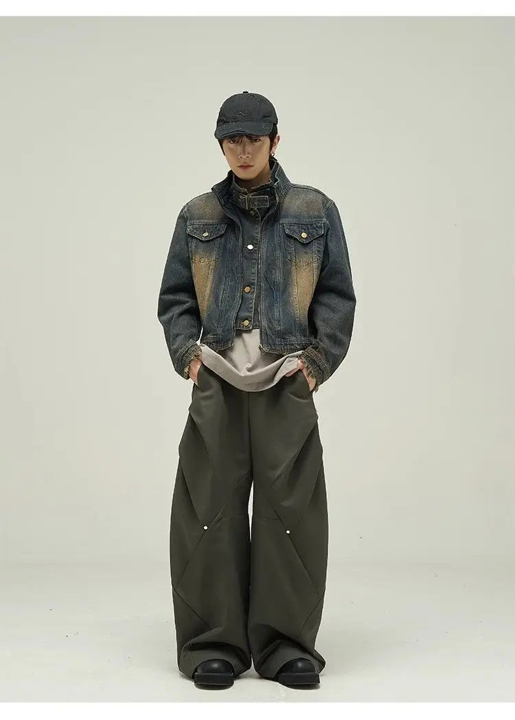 Threebooy Vintage Denim Jacket Man Woman Short Zipper Single Breasted Cowboy Crop Coats Blue Washed Stand Collar Unisex Jeans Outerwear