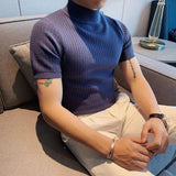 Threebooy Autumn New Short Sleeve Knitted Sweater Men Tops Clothing 2024 All Match Slim Fit Stretch Turtleneck Casual Pull Homme Pullovers