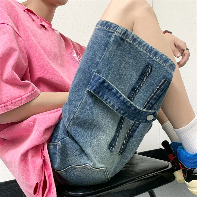 Threebooy Men Patchwork Oversized Jeans Shorts Streetwear Harajuku Denim Shorts New Hip Hop Vintage Blue Summer Casual Loose Shorts