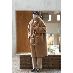 Threebooy Fur Integrated Trench Coat Korean Loose Mid-length Imitation Teddy Lamb Fur Horn Button Coat Men High Street Button Windbreaker