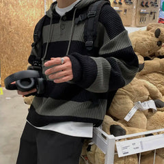 Autumn and Winter Retro Korean Style Men and Women Trendy Knitted Hoodie Couple Loose Hip Hop Striped Casual Top harajuku y2k