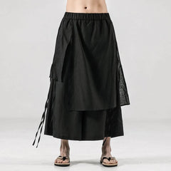 Threebooy Mens Double Layer Irregular Chinese Style Casual Culottes Genderless 2024 New Fashion Retro Solid Color Wide Leg Pants Unisex