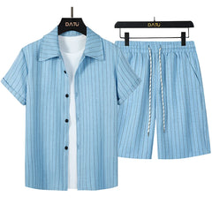 Threebooy  New Casual Men's Shirts Sets Summer Leisure Breathable Loose Short Sleeve Striped Shirt for Men Outdoor Fashion Button Lapel Top(Two-Piece Set)