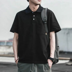 Threebooy  Summer Solid Color Minimalist Polo Shirt Mens Loose Collar Short Sleeve Pocket Trendy T Shirt