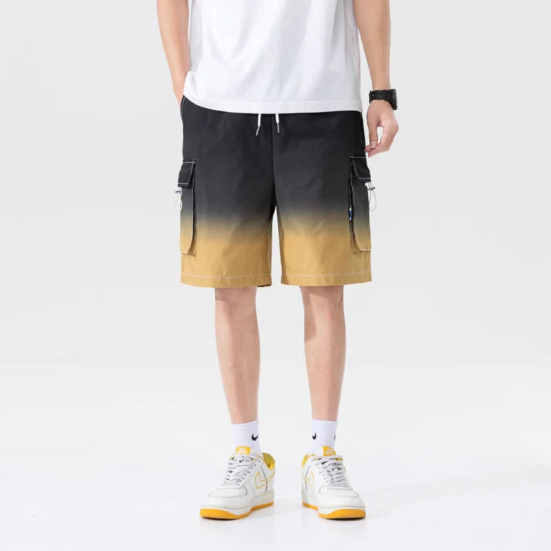 Threebooy HIP HOP Streetwear Summer Korean Fashion Ombre Drawstring Cargo Shorts For Men Loose Straight Multi-pocket Short Pants Casual Gym pantalones cortos