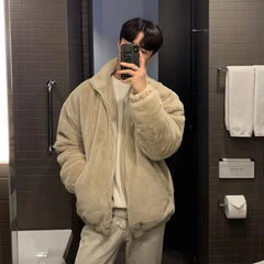 Threebooy Winter Lamb Wool Jacket Men's Loose Elegant Velvet Thick Cotton Jacket Hong Kong Style Casual Polar Fleece Padded Coat