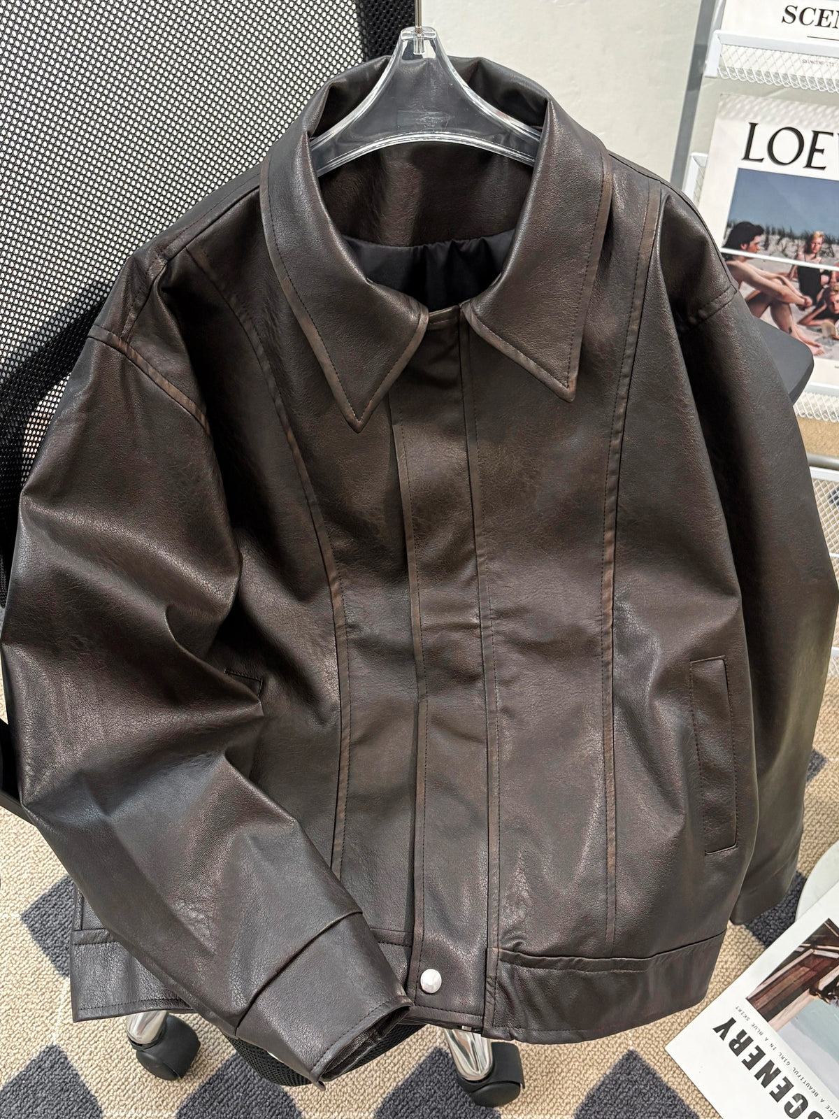 Threebooy American Retro PU Leather Jacket Boys Autumn Winter Trendy Loose Handsome Windproof Motorcycle Jacket with Lapel Leather Jacket