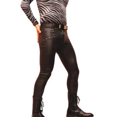 Threebooy Slim fit PU men's leather pants, sexy tights, leggings, leggings, motorcycle wear, nightclub men's leather pants wetlook