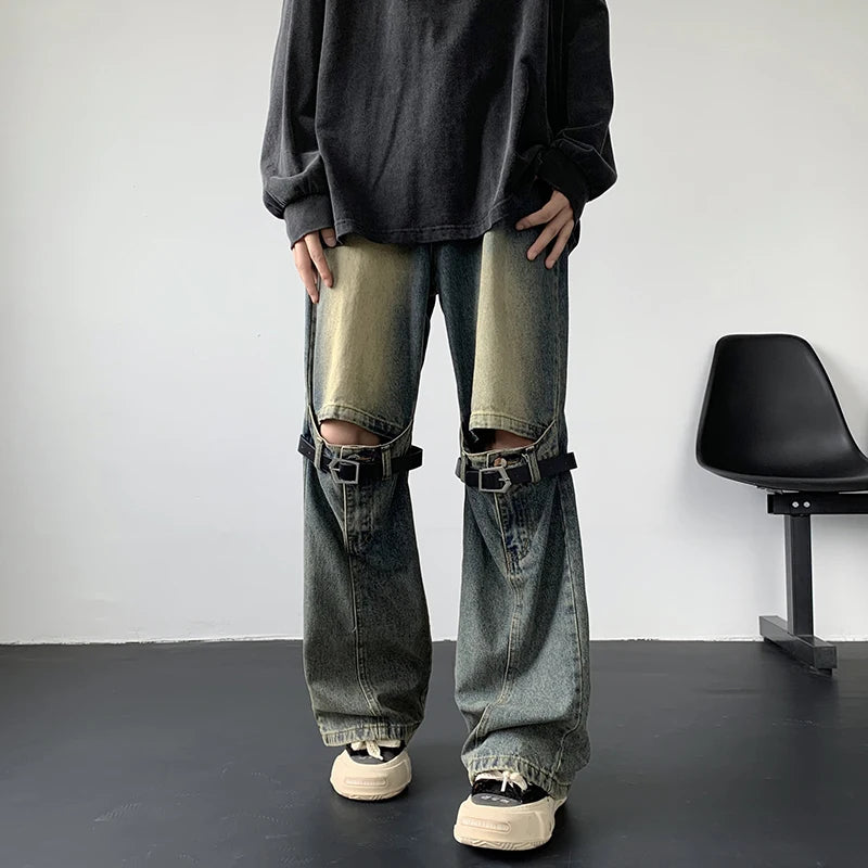 Threebooy Men's Jeans Retro Trousers Knee Holes Splicing High Street Loose Denim Trousers Flared Jeans Straps Cowboy Casual Long Pants