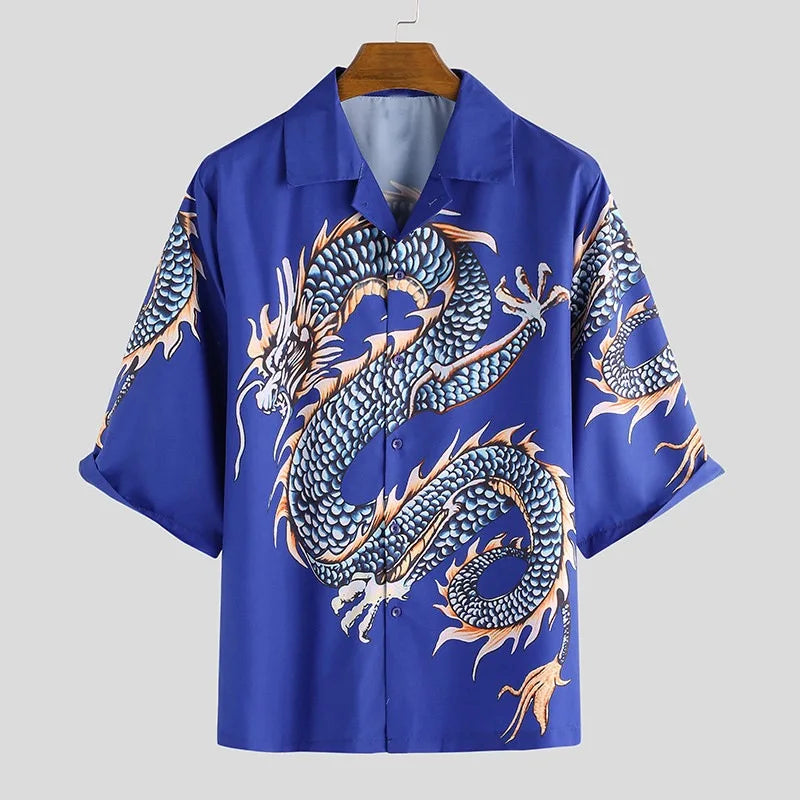 Threebooy Summer Clothing Men's Loose Stylish Hip Hop Shirt Casual Graphics Dragon Printed Mid-sleeved Shirts for Men Fashion Big Size Top