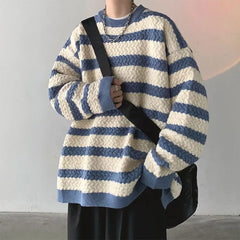 Korean style autumn and winter men and women trendy striped round neck knitted sweater for couples loose retro casual top y2k